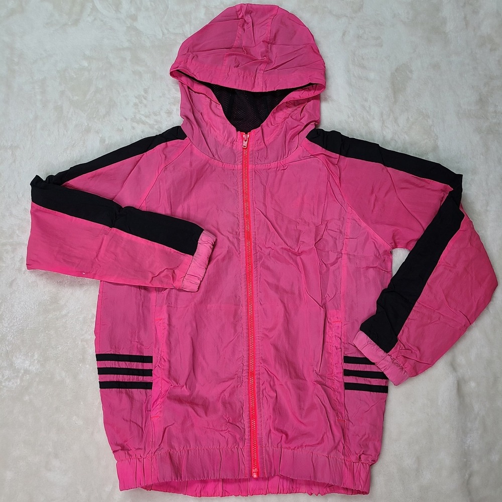Adidas Girls Jacket Medium Pink Windbreaker Hooded Full Zip Pockets Mesh Lining